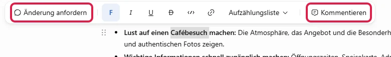 Leiste über markiertem Text mit den rot markierten Einträgen Änderung anfordern und Kommentieren