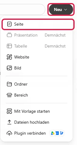 Menü Neu mit Präsentation und Tabelle als Demnächst, Neu und Seite rot markiert