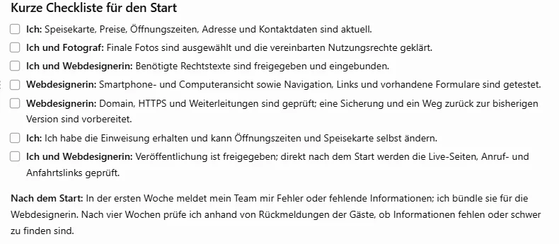 Kurze Checkliste für den Start mit leeren Kästchen zum Abhaken