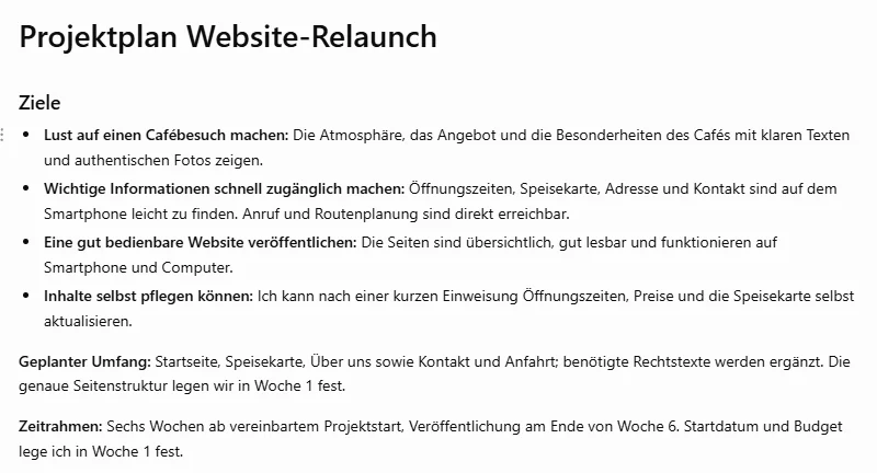 Seite Projektplan Website-Relaunch mit den Zielen, dem geplanten Umfang und dem Zeitrahmen