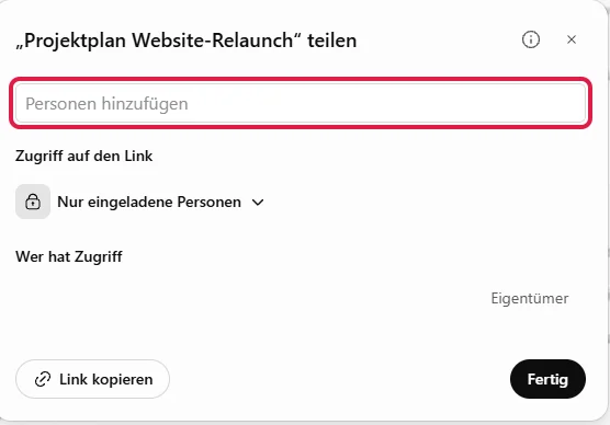 Fenster zum Teilen mit dem rot markierten Feld Personen hinzufügen
