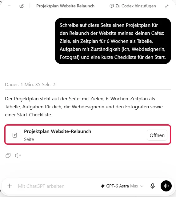 Seiten-Chat mit der Dauer 1 Min. 35 Sek. und der rot markierten Karte Projektplan Website-Relaunch
