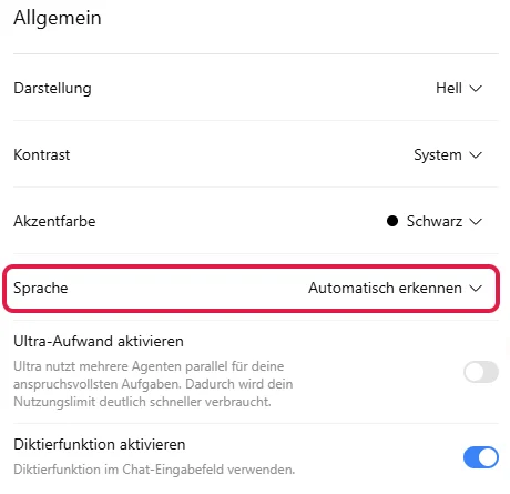 Einstellungen Allgemein mit der Zeile Sprache, rot markiert