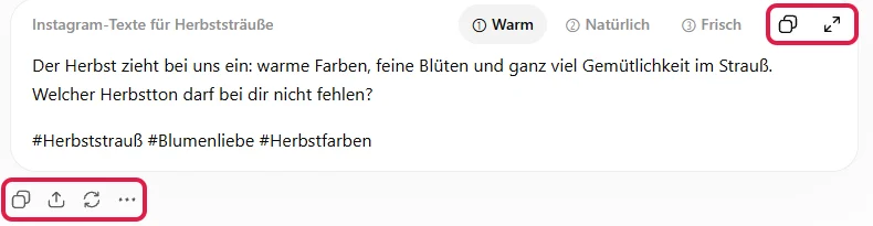 Antwort-Block mit Kopieren und Editor öffnen oben rechts, darunter die Symbole unter der Antwort, rot markiert