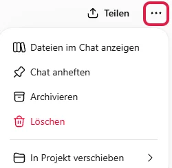 Menü mit den drei Punkten oben rechts im Chat: Dateien im Chat anzeigen, Chat anheften, Archivieren, Löschen und In Projekt verschieben