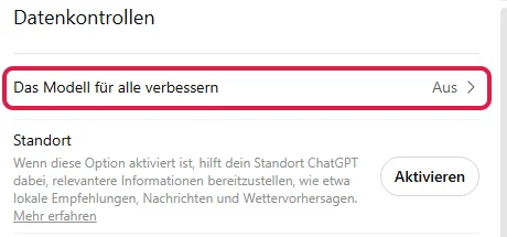 Datenkontrollen mit der Zeile Das Modell für alle verbessern, rot markiert
