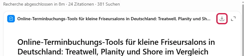 Fertiger Deep-Research-Bericht zu Terminbuchungs-Tools für Friseursalons, das Download-Symbol rot markiert
