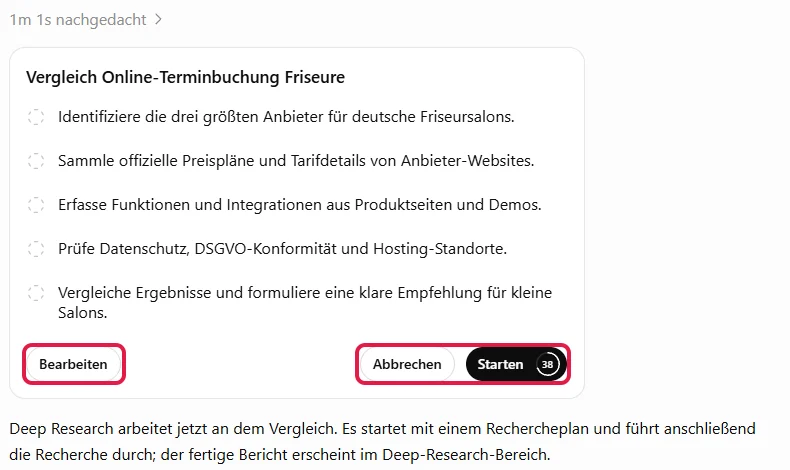 Rechercheplan zu Terminbuchungs-Tools mit den Knöpfen Bearbeiten, Abbrechen und Starten, rot markiert