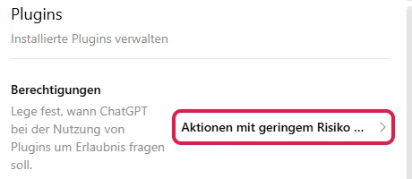 Einstellungen Plugins mit dem Bereich Berechtigungen und der aktuellen Stufe, rot markiert