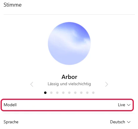 Einstellungen Stimme mit der Stimme Arbor, dem Modell Live und der Sprache Deutsch, Modell rot markiert