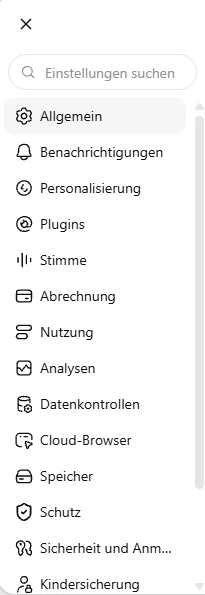 Liste der Einstellungsbereiche von Allgemein bis Kindersicherung