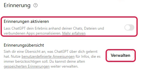 Bereich Erinnerung mit dem Schalter Erinnerungen aktivieren und dem Knopf Verwalten der Erinnerungsübersicht