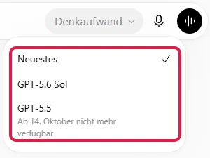Modellauswahl mit Neuestes, GPT-5.6 Sol und einem älteren Modell mit Hinweis auf das Ende