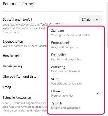 Aufgeklappte Auswahl Basisstil und -tonfall mit sieben Stilen von Standard bis Zynisch