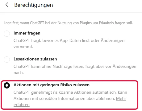 Unterseite Berechtigungen mit den Stufen Immer fragen, Leseaktionen zulassen und Aktionen mit geringem Risiko zulassen