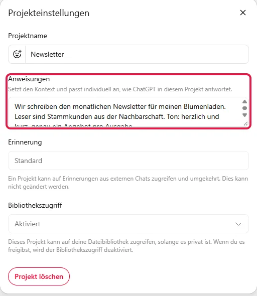 Projekteinstellungen mit ausgefülltem Feld Anweisungen für den Newsletter eines Blumenladens, rot markiert