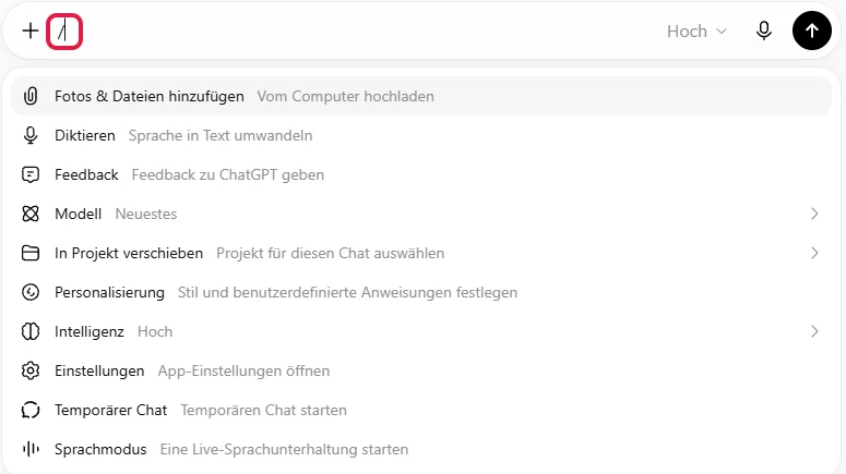 Befehlsliste nach Eingabe eines Schrägstrichs im Eingabefeld von ChatGPT