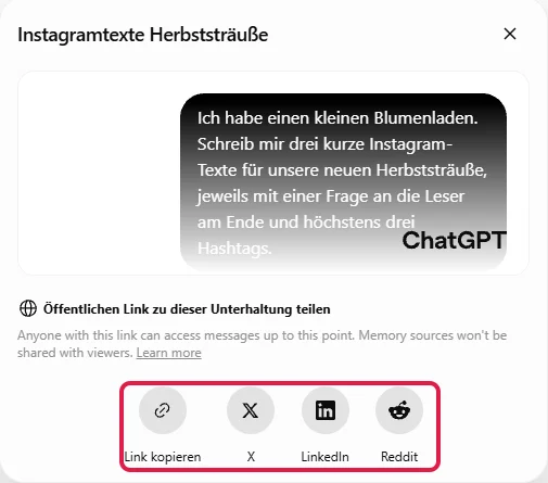 Fenster zum Teilen eines Chats mit den Knöpfen Link kopieren, X, LinkedIn und Reddit, rot markiert