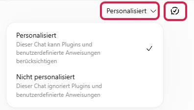 Symbol für den temporären Chat oben rechts und die geöffnete Auswahl Personalisiert oder Nicht personalisiert