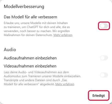 Fenster Modellverbesserung mit dem ausgeschalteten Schalter Das Modell für alle verbessern und dem Knopf Erledigt, rot markiert