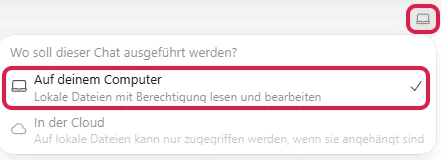 Menü Wo soll dieser Chat ausgeführt werden mit rot markiertem Laptop-Symbol und der Auswahl Auf deinem Computer