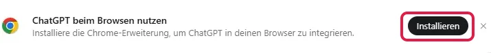 Hinweis ChatGPT beim Browsen nutzen auf der Seite Plugins, der Knopf Installieren ist rot markiert