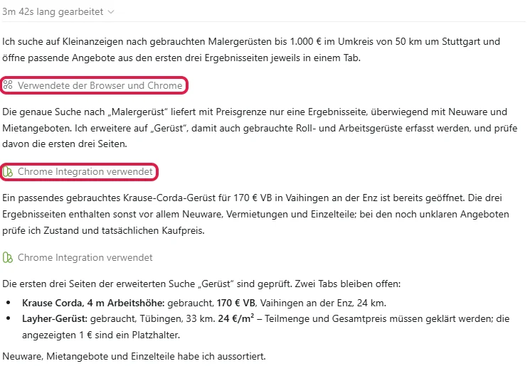 Arbeitsschritte von ChatGPT Work bei der Kleinanzeigen-Suche, Browser- und Chrome-Schritte rot markiert