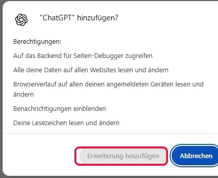 Chrome-Fenster ChatGPT hinzufügen mit der Liste der Berechtigungen, Erweiterung hinzufügen ist rot markiert