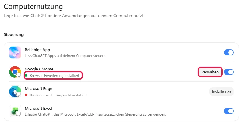 Einstellungen Computernutzung, bei Google Chrome sind Browser-Erweiterung installiert und Verwalten rot markiert