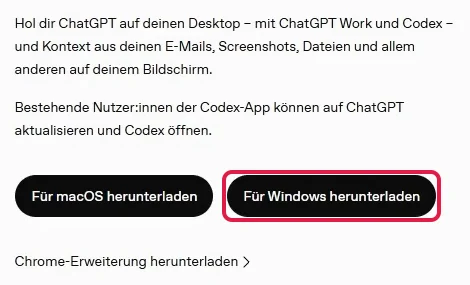 Download-Seite mit den Knöpfen für macOS und Windows, Für Windows herunterladen ist rot markiert