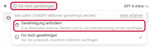 Menü der Genehmigungen mit rot markierter Stufe Genehmigung anfordern und der Stufe Für mich genehmigen