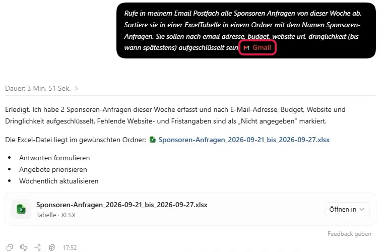Auftrag mit rot markiertem Gmail-Plugin und Ergebnis mit zwei Sponsoren-Anfragen in einer Excel-Datei