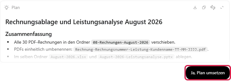Plan-Karte Rechnungsablage und Leistungsanalyse August 2026 mit rot markiertem Knopf Ja, Plan umsetzen