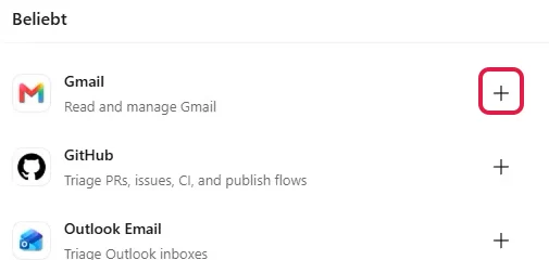 Bereich Beliebt auf der Seite Plugins, das Plus neben Gmail ist rot markiert