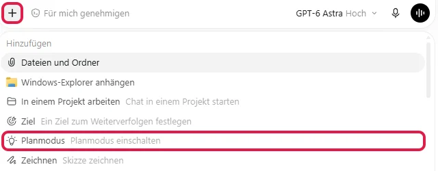 Plus-Menü mit rot markiertem Eintrag Planmodus einschalten