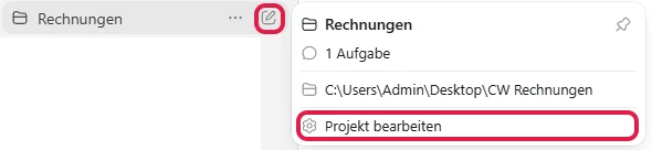 Projekt Rechnungen in der Seitenleiste mit rot markiertem Stift-Symbol und dem Eintrag Projekt bearbeiten