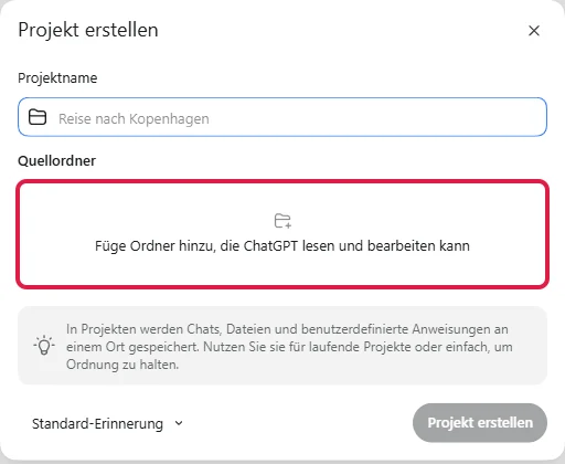 Fenster Projekt erstellen mit Projektname und rot markiertem Feld Quellordner