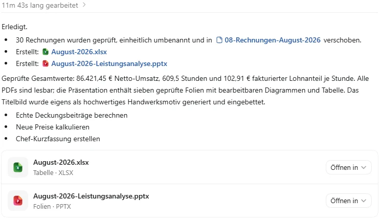 Zusammenfassung mit dem Ordner 08-Rechnungen-August-2026 und den Dateikarten für Excel und PowerPoint