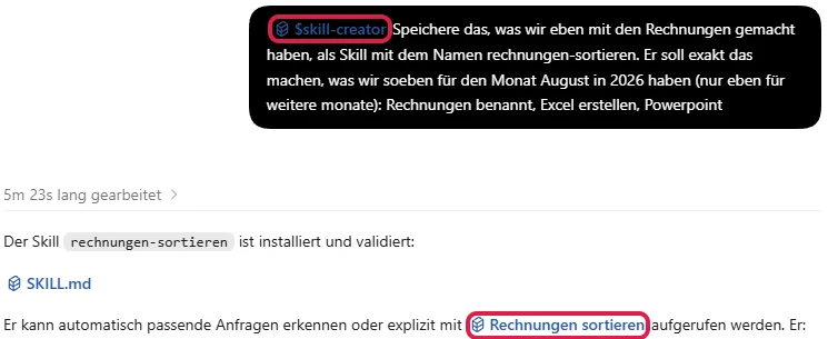 Nachricht mit rot markiertem Skill Creator und Antwort mit dem neuen Skill Rechnungen sortieren, ebenfalls markiert