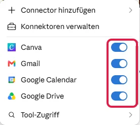 Liste der Konnektoren im Chat mit rot markierten Schaltern bei Canva, Gmail, Google Calendar und Google Drive