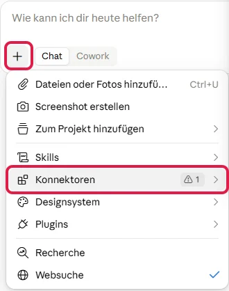 Plus-Knopf im Eingabefeld und Eintrag Konnektoren im geöffneten Menü, beide rot markiert