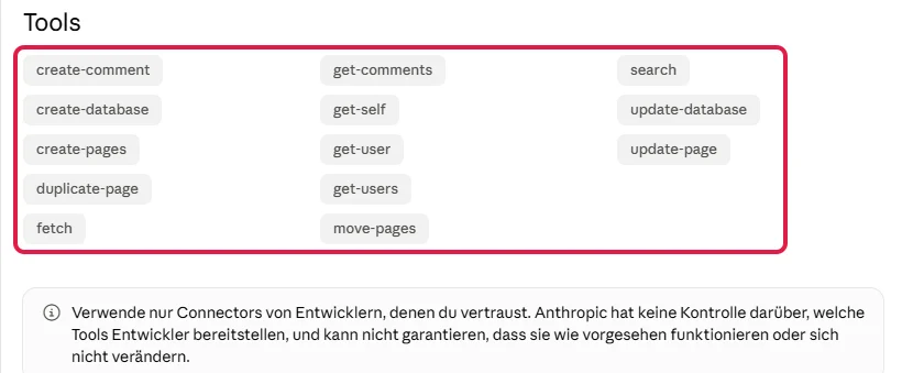 Rot markierte Liste der Tools auf der Detailseite des Konnektors Notion, darunter der Warnhinweis