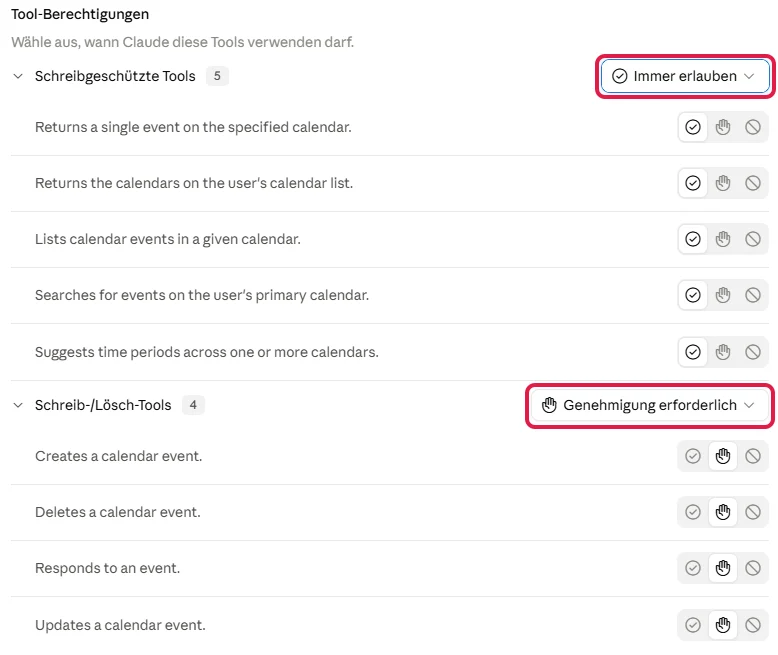 Tool-Berechtigungen von Google Calendar, rot markiert: Schreibgeschützte Tools auf Immer erlauben, Schreib-/Lösch-Tools auf Genehmigung erforderlich