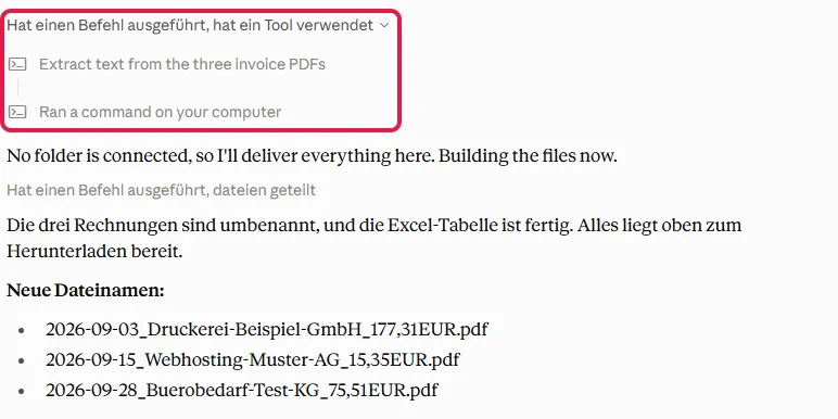 Verlauf der Cowork-Aufgabe mit rot markierten Arbeitsschritten und der Liste der neuen Dateinamen