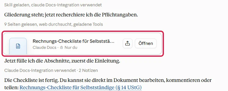 Fertige Aufgabe mit der rot markierten Dokumentkarte Rechnungs-Checkliste in Claude Docs und dem Knopf Öffnen