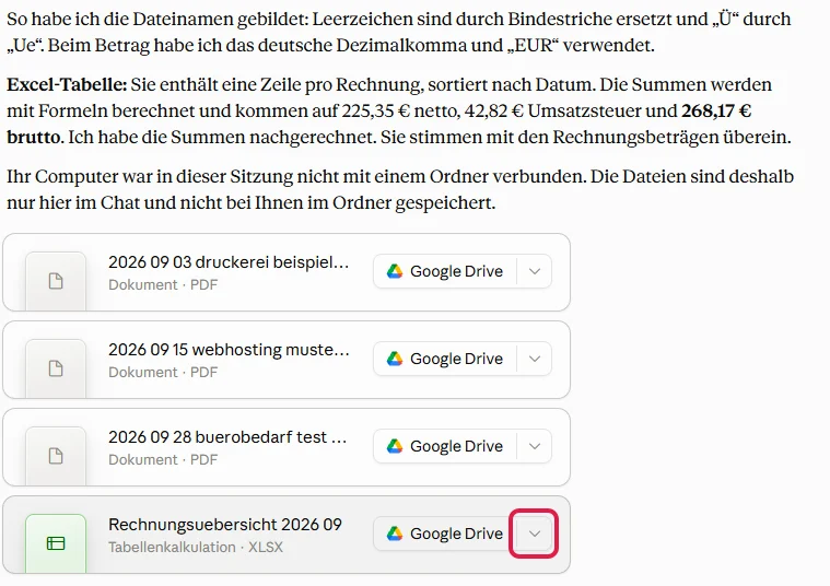 Zusammenfassung von Claude mit vier Dateikarten, der Pfeil neben Google Drive an der Excel-Datei ist rot markiert