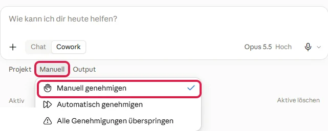 Geöffnetes Menü Manuell, der Knopf Manuell und der Eintrag Manuell genehmigen sind rot markiert