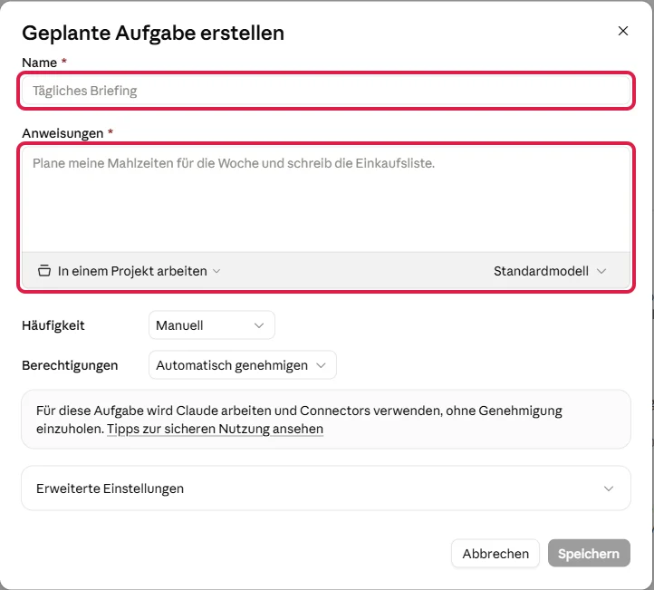 Fenster Geplante Aufgabe erstellen, die Felder Name und Anweisungen sind rot markiert