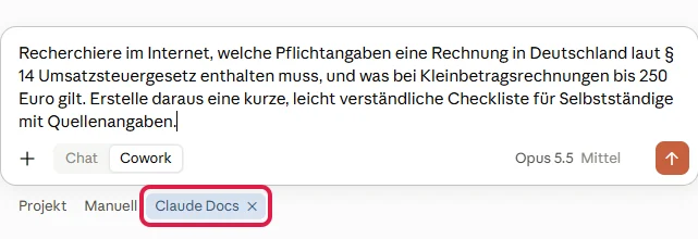 Recherche-Auftrag im Eingabefeld, darunter das rot markierte Kärtchen Claude Docs
