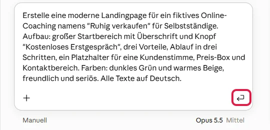 Eingabefeld von Claude Design mit dem Prompt für die Landingpage, Senden-Symbol rot markiert